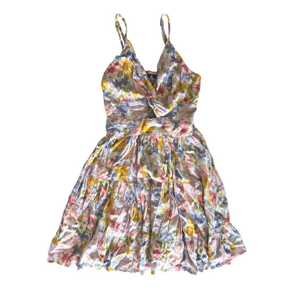 Angie Womens Floral Twist Front Tiered Mini Dress Smocked Back Boho Rayon Small